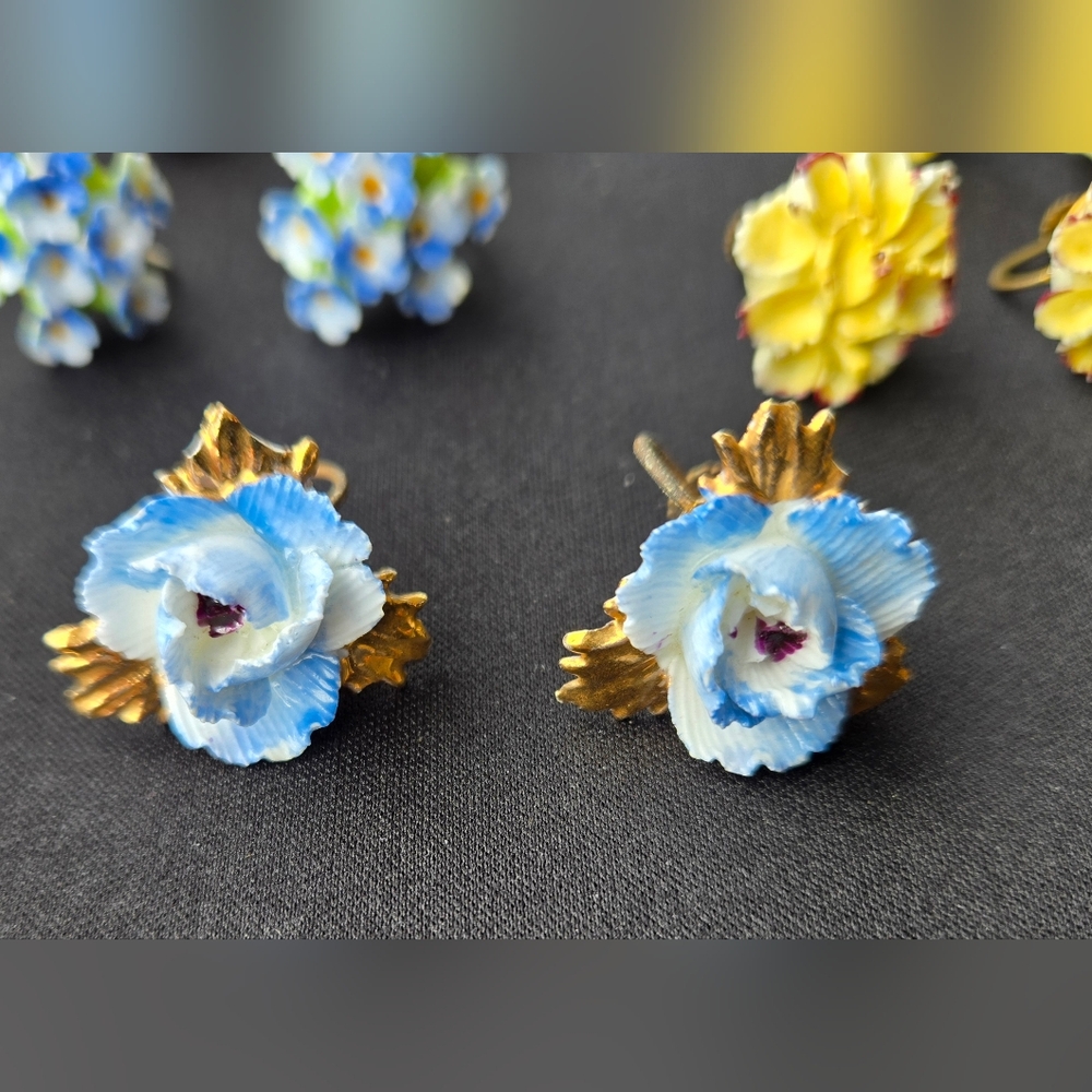 Lot Of 10 Vintage Porcelain Flower Clip-on / Screw-back Earrings (England) - Picture 6 of 9